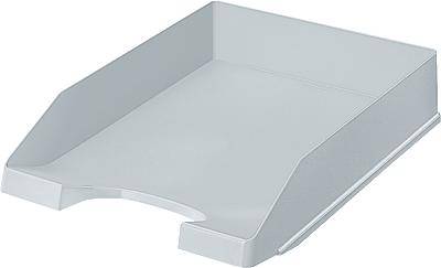 Plastic storage tray in light grey, suitable for organising paper documents on a desk.
