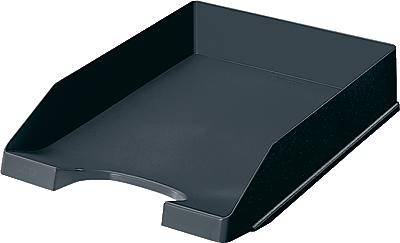 Black plastic document tray with an open front for easy document retrieval. Suitable for office supplies.