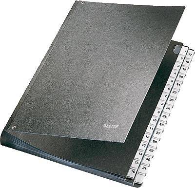 Black folder with transparent cover, alphabetically numbered index tabs from 1 to 31. Suitable for document organisation.