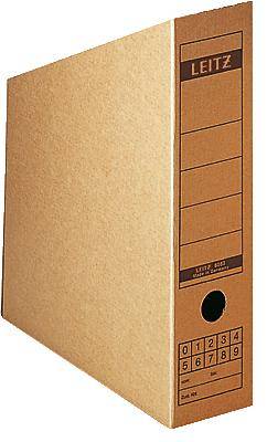 Lever arch file standing upright with a 'LEITZ' label and writeable fields on the front, suitable for storing documents.