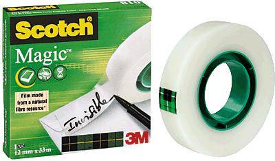 A roll of transparent Sellotape from Scotch, known as 'Magic Tape', in a green packaging, suitable for invisible adhesion.