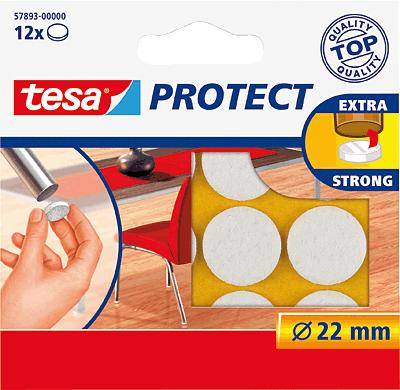Packaging of 'tesa PROTECT': 12 felt gliders, extra strong, Ø 22 mm. Demonstrates application under a chair leg on a wooden floor.