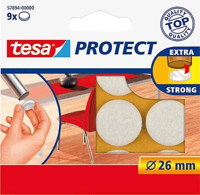 Packaging for Tesa Protect felt gliders, extra strong, diameter 26 mm. Image shows application under chair leg to protect floors.