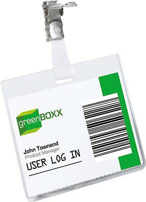 Name badge with clip. Logo 'greenBOXX', Name 'John Townend', Role 'Product Manager'. Barcode, Text 'USER LOG IN'.