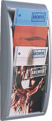 A magazine rack with multiple compartments holding colourful magazines from the 'Archive' brand.