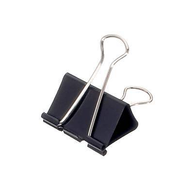 Black paperclip with silver handle on white background.