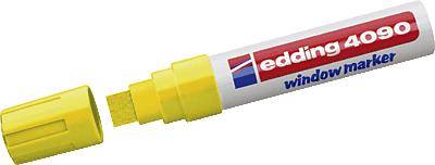 Yellow Edding 4090 window marker with cap removed, showing the broad, rectangular tip, suitable for writing on glass surfaces.