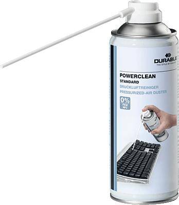 A can of compressed air cleaner with a nozzle attachment, used for cleaning keyboards. The text reads 'POWER CLEAN STANDARD'.