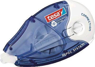 Correction rollers in blue plastic packaging with the Tesa logo, 'Correction Refill System' inscription, made from recycled material.