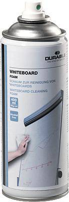 Sprühdose mit der Aufschrift 'WHITEBOARD FOAM'. Schaum zur Reinigung von Whiteboards. Eine Hand wischt ein Whiteboard sauber.