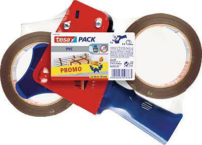 Packaging containing two brown rolls of adhesive tape and a blue hand dispenser, labelled 'tesa PACK PVC PROMO'.