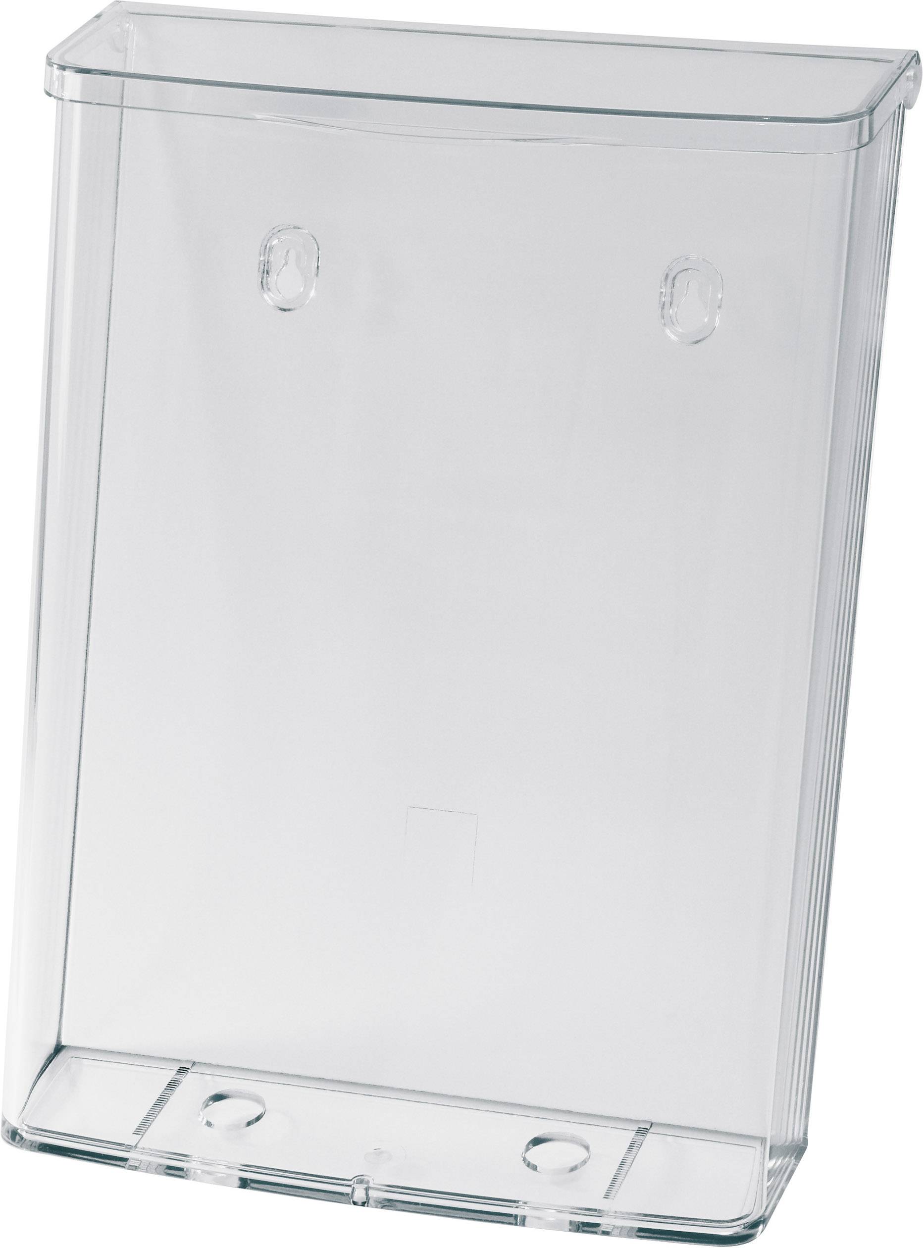 Transparent, plastic wall-mounted brochure holder, suitable for leaflets or flyers.