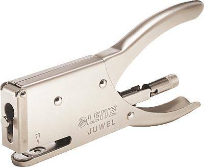A silver Leitz stapler with an ergonomic handle, viewed from the side.