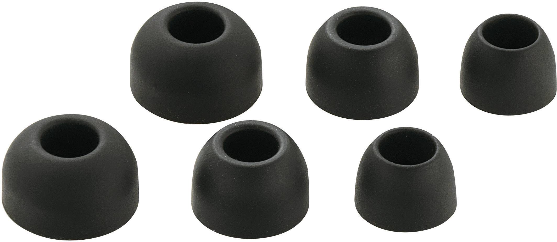Six black earplugs in different sizes, arranged in two rows of three.