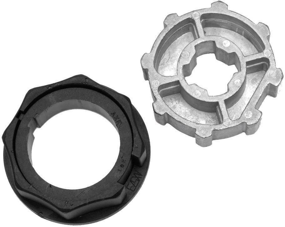 Two mechanical components, one made of black plastic and one of grey metal, display different shapes and structures.
