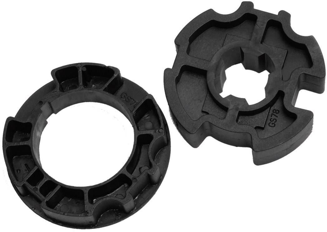 Two black, round plastic parts with different designs that may serve as mechanical or technical components.