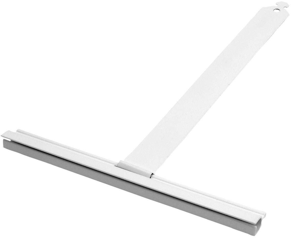 A white shower squeegee with a long handle and rubber lip, used for removing water from smooth surfaces like shower walls.