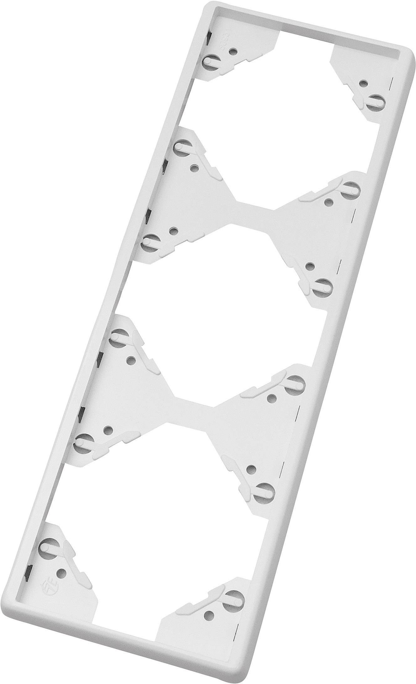 A white, rectangular frame with multiple circular and triangular cut-outs for wall mounting.