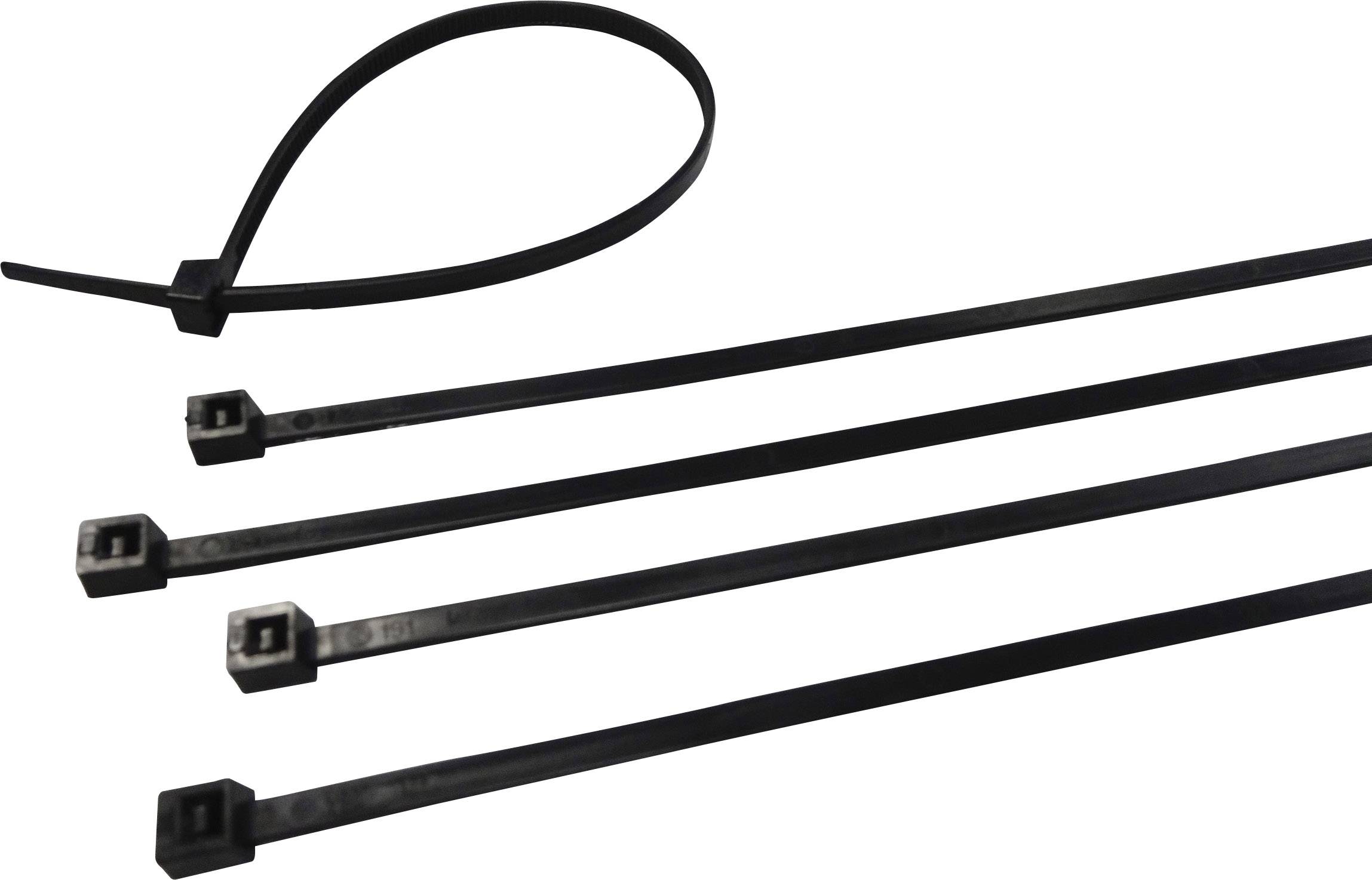 Black cable ties in various sizes, lined up; one is fastened, the others are open.