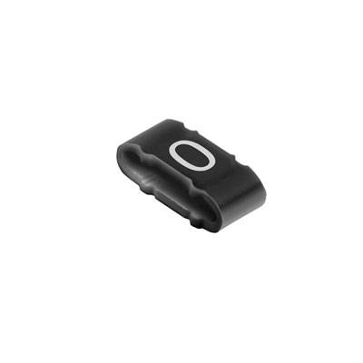 A black elastic cable clip with a white oval on it, suitable for organising cables.