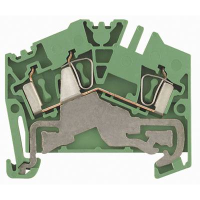 Cross-section of a green electrical terminal block with metal connections, showing internal structure and components.