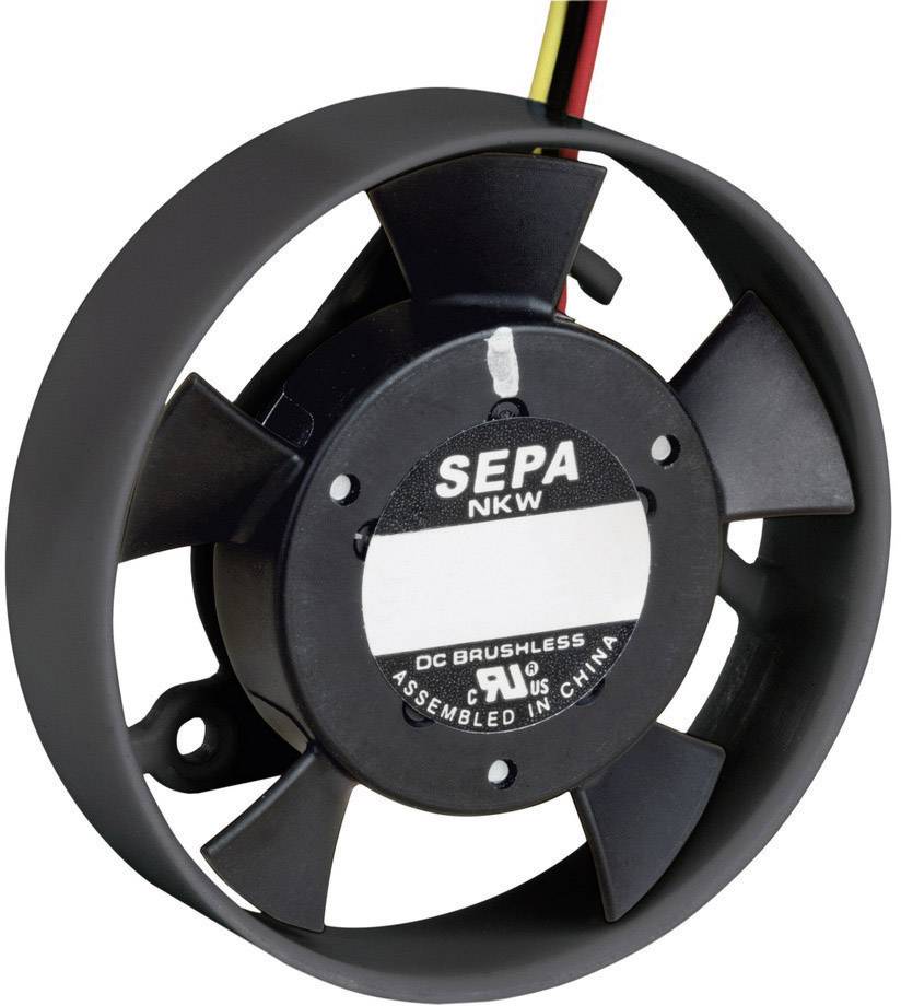 A black fan from the manufacturer SEPA, labelled 'DC Brushless' and 'Assembled in China', suitable for electronic devices.