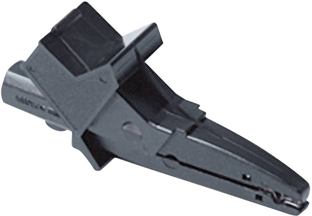 A black plastic clip with a narrow, pointed shape, likely used as a fastening or clamp attachment component.
