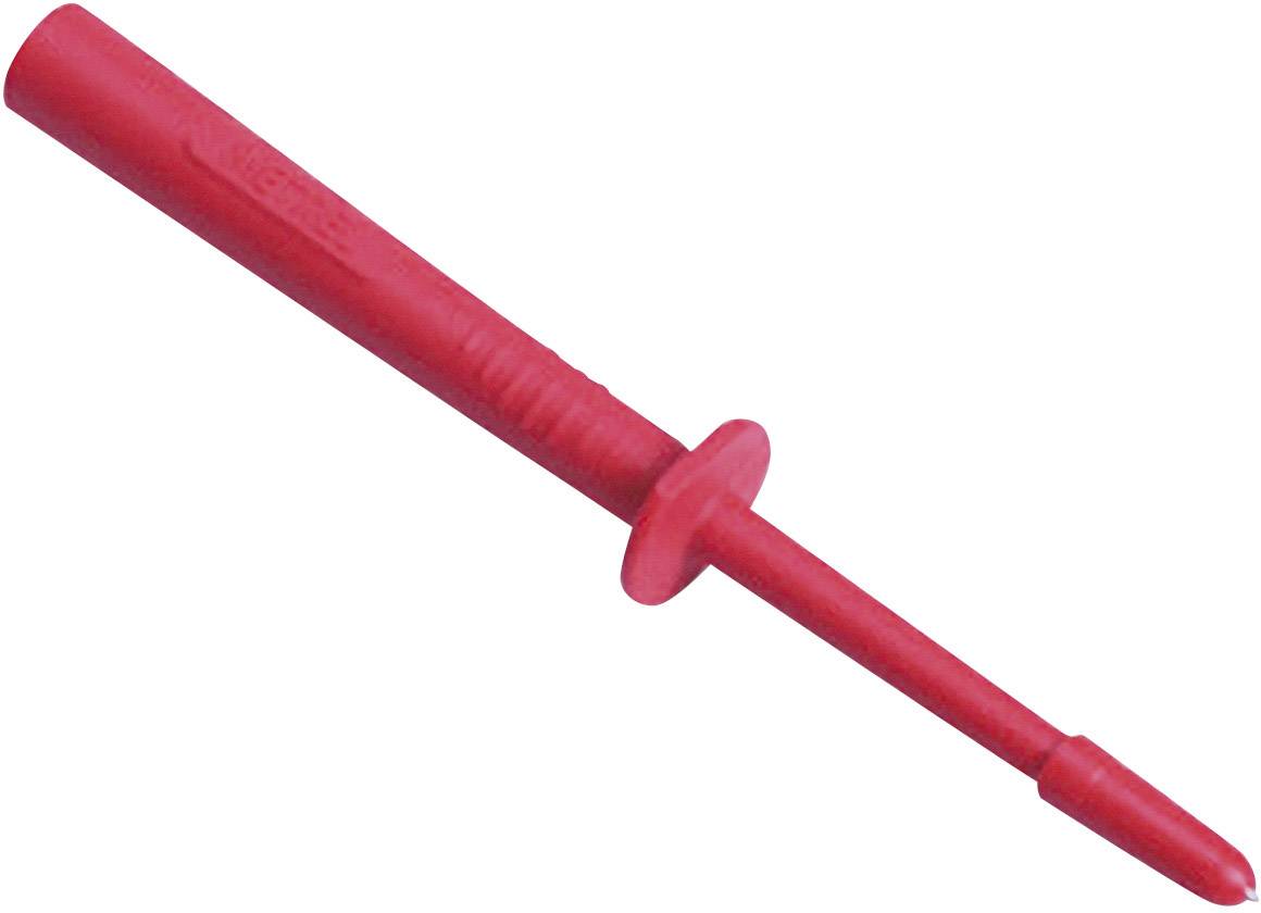 Red test probe adapter with insulated clamp and long metal tip, suitable for electrical measurements and tests.