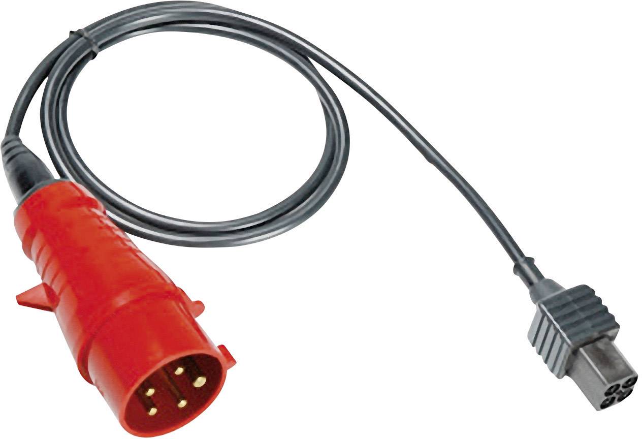 Red high-current extension cable with a multi-pole plug at one end and a black three-pin plug at the other end.