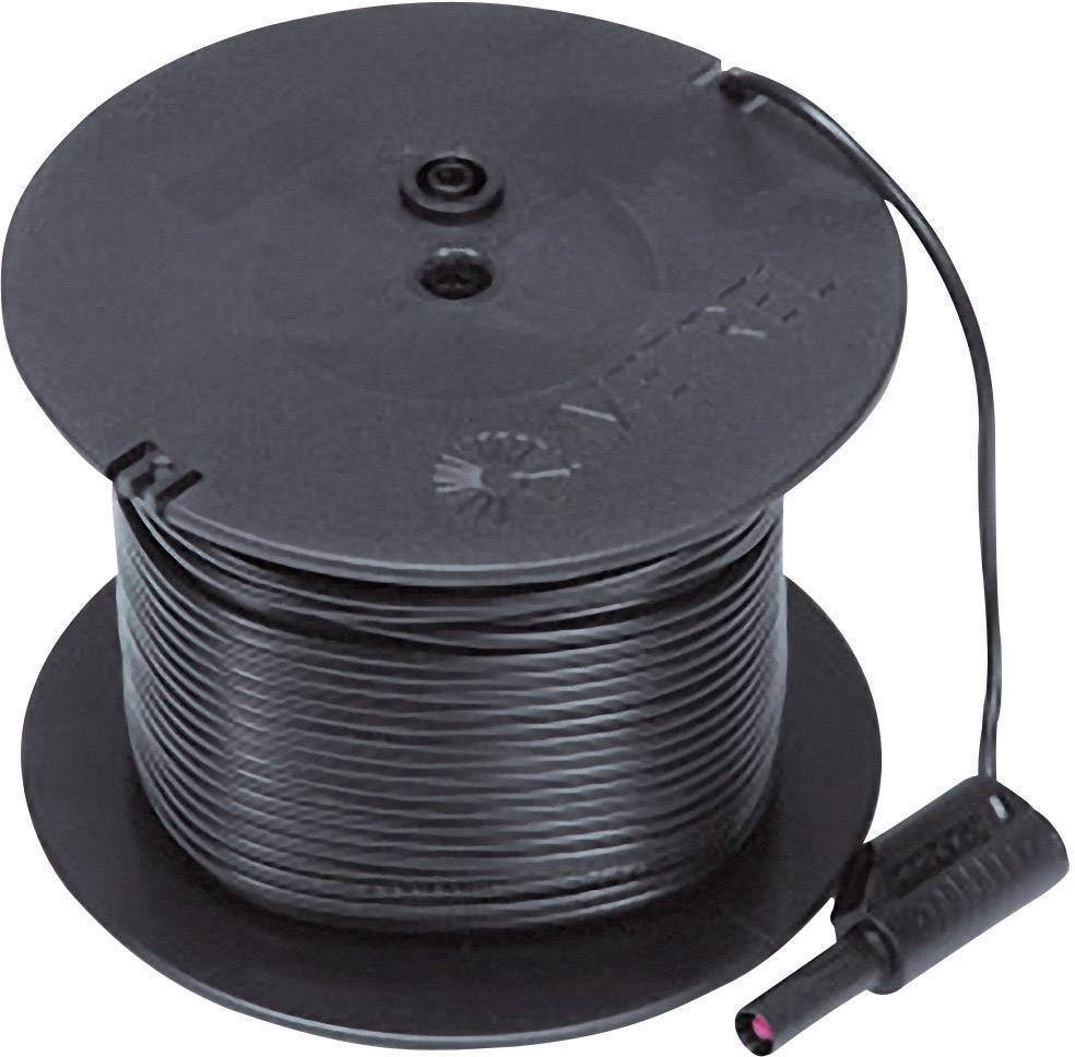 A black cable reel with wound cable and plug, suitable for use in electronic devices or installations.