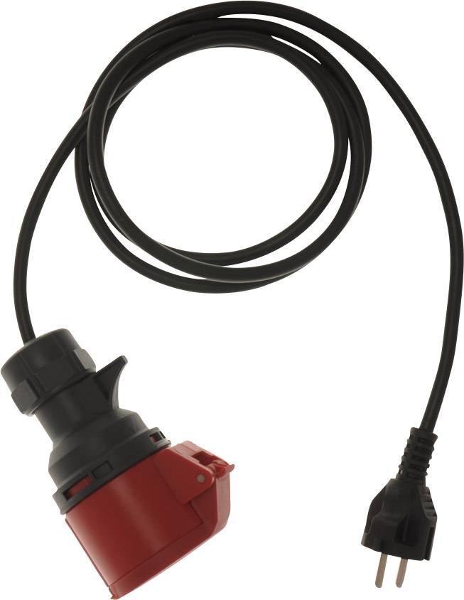 A red extension lead for electrical connection, with a CEE plug and a Euro plug for various electrical applications.