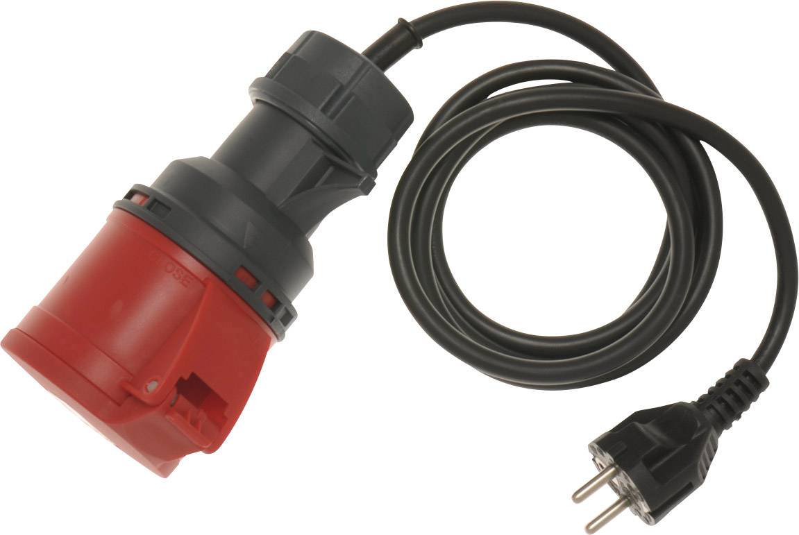 A red and black extension cable with a heavy-duty three-pin plug, suitable for industrial applications.