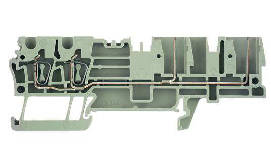 Cross-section of an electrically insulated terminal block with multiple connections and internal wiring routes.
