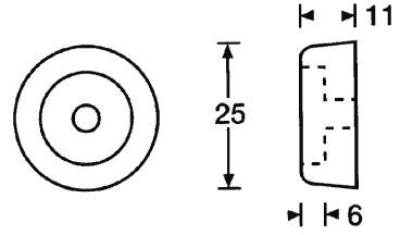 Technical drawing of a cylindrical object. Front view shows a circle, side view shows height 25 mm, width 11 mm, depth 6 mm.