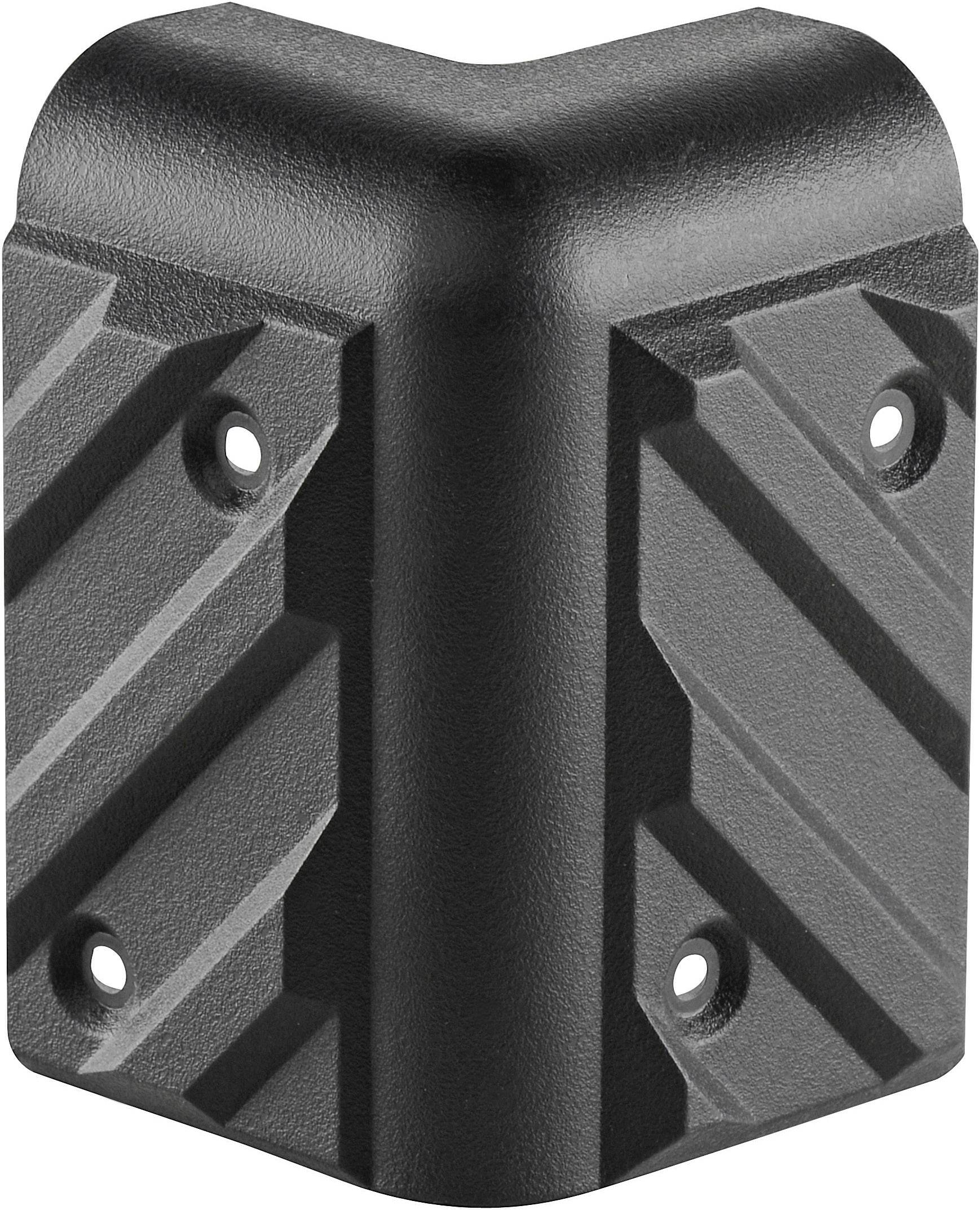 Black, structured plastic corner protector with four mounting holes, serves as an edge guard for walls or furniture.