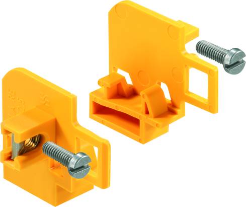 Two orange plastic components with metal screws, likely clamps or mounting brackets, for fixing or connecting purposes.