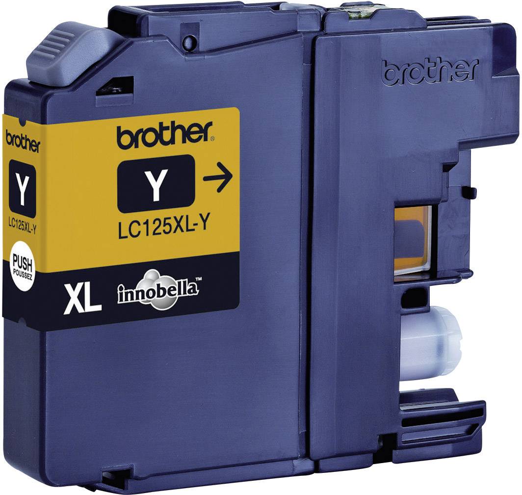 Brother LC125XL Y printer cartridge, XL size, yellow, for Innobella inkjet printers, showing the side with label and ink level.