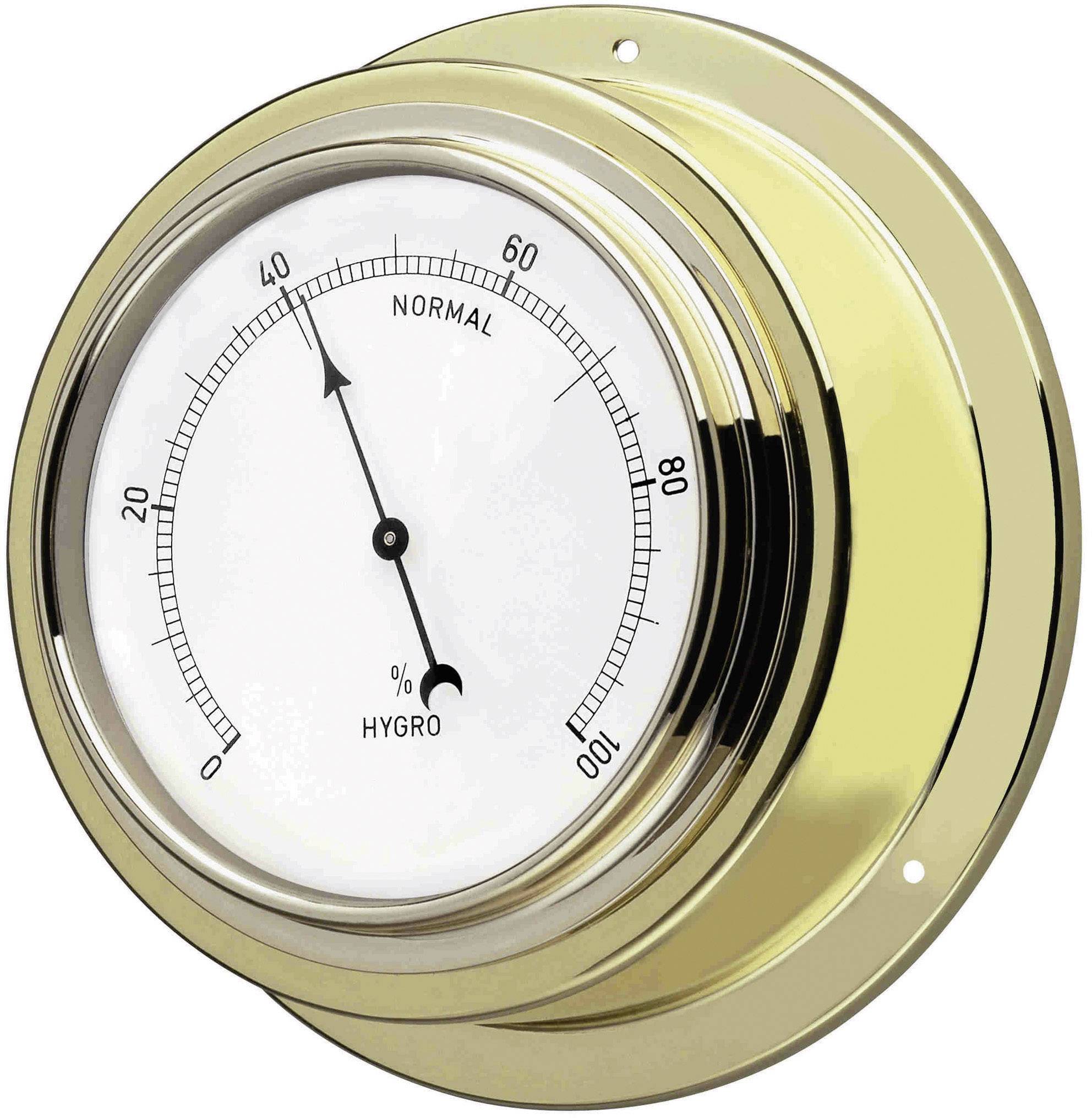 A round, gold-coloured hygrometer with a pointer indicating 50% humidity. The scale ranges from 0 to 100% with a 'Normal' marking at 40–60%.