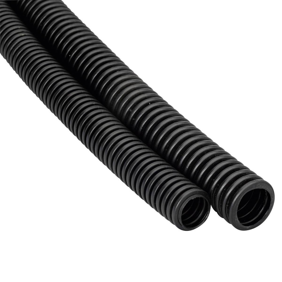 Two black, flexible corrugated pipes positioned side by side, suitable for cable protection in electrical installations.