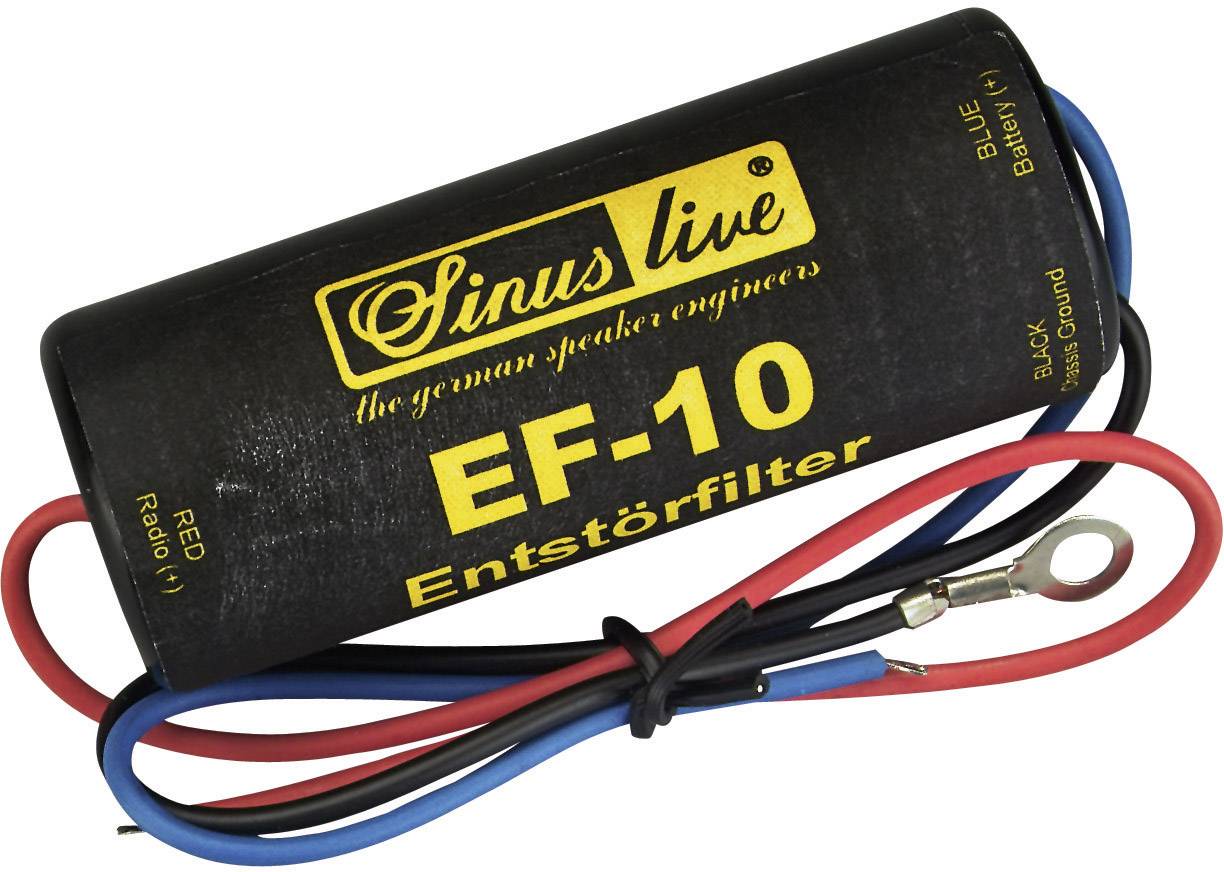 A cylindrical interference filter with the inscription 'Sinus live EF-10' and three protruding cables in red, blue, and black.