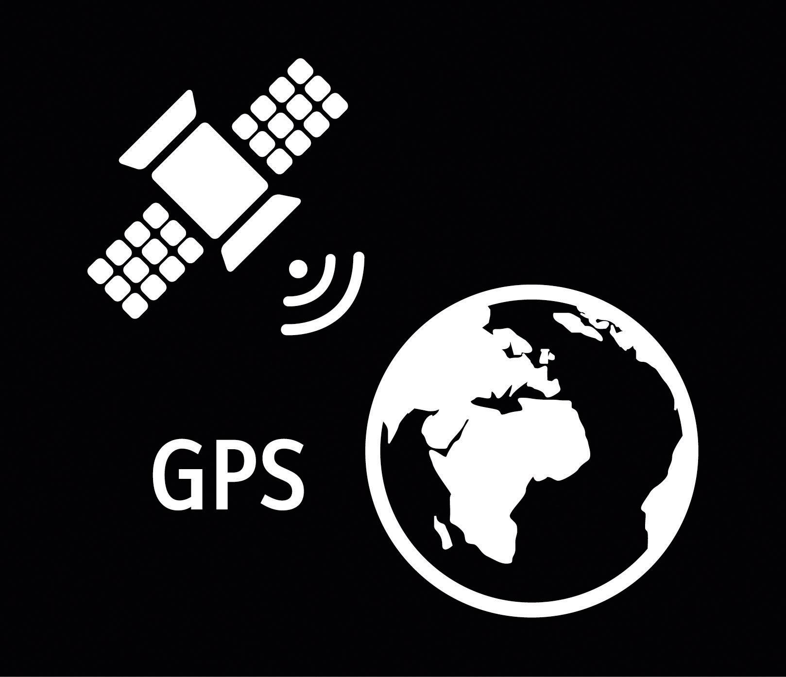 Satellite symbol emits waves to Earth; beside it is 'GPS'. Symbolises global positioning and navigation.