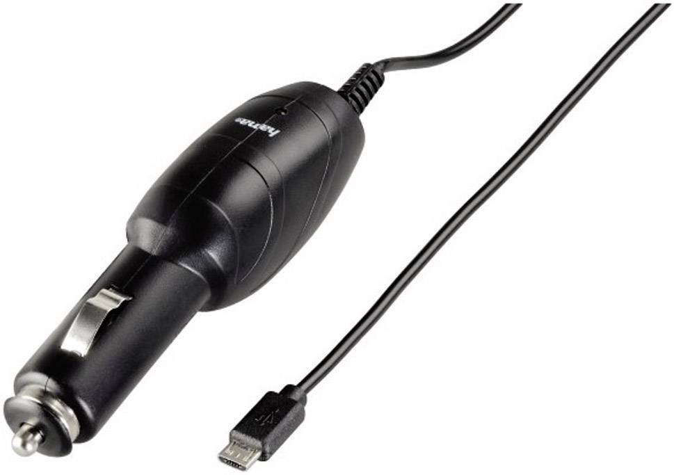 Black car charger with USB plug, suitable for charging electronic devices via the car cigarette lighter.