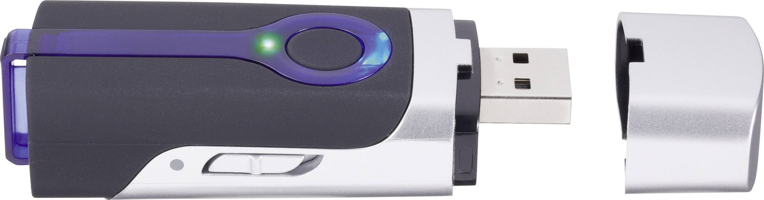 USB stick with a removable cap, black and silver casing, green LED indicator.