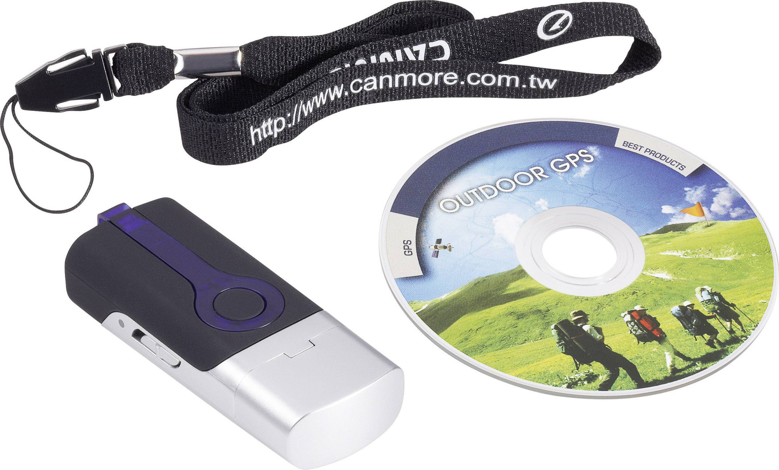 A GPS tracker with a black wristband and a CD labelled 'Outdoor GPS'. The CD depicts an image of hikers in a green landscape.