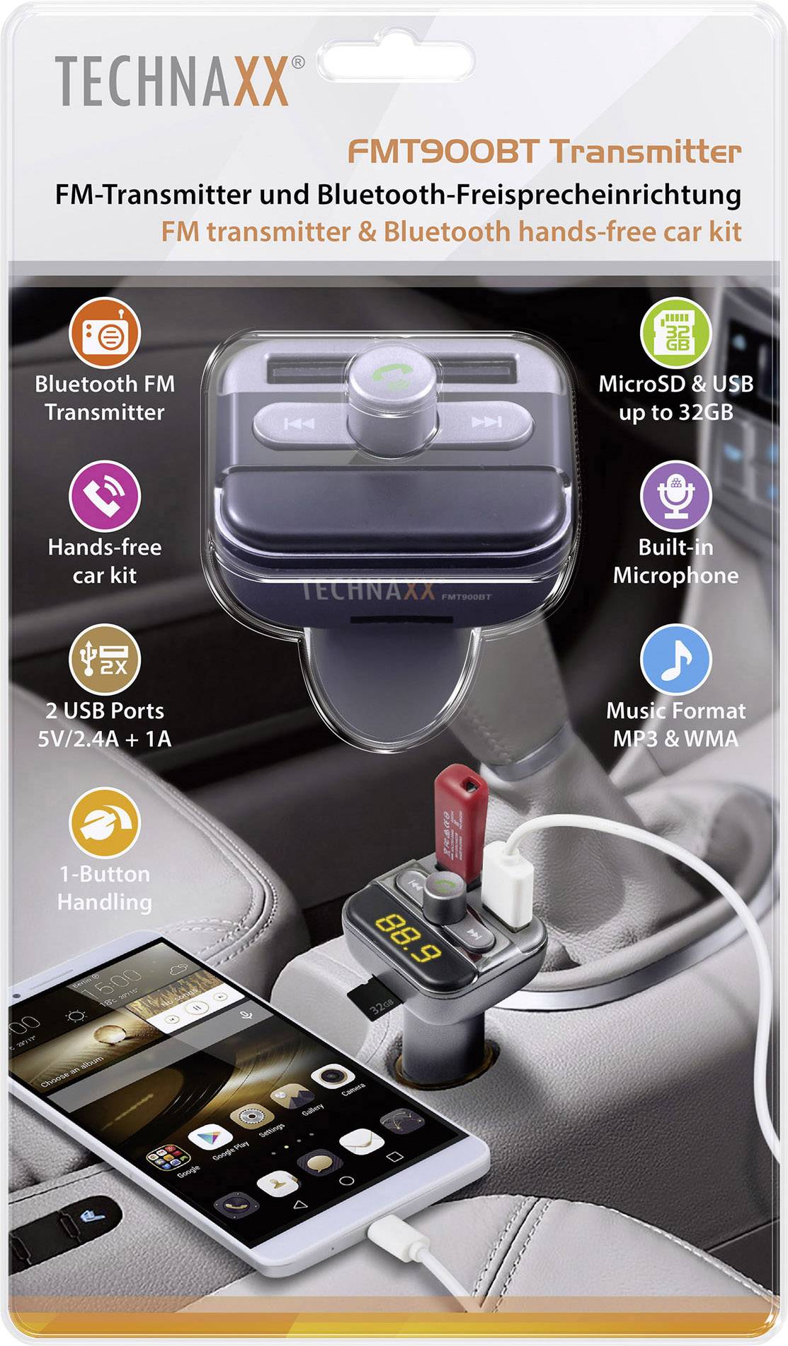 Technaxx FMT900BT FM transmitter incl. hands-free, Built-in MP3 player, incl. iPhone charger