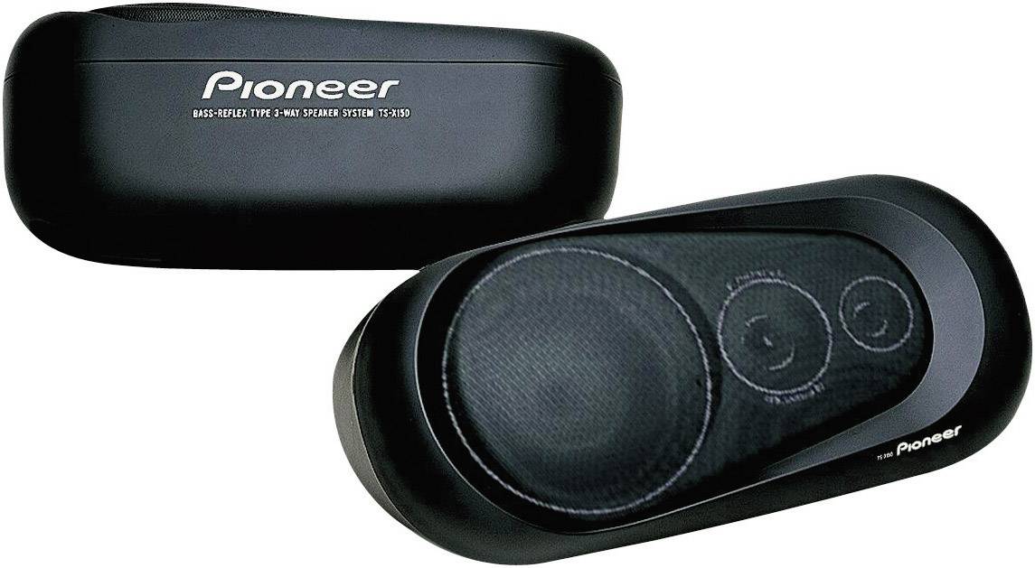 Two black Pioneer car speakers, one showing the front with speaker grilles, the other the rear with brand lettering.