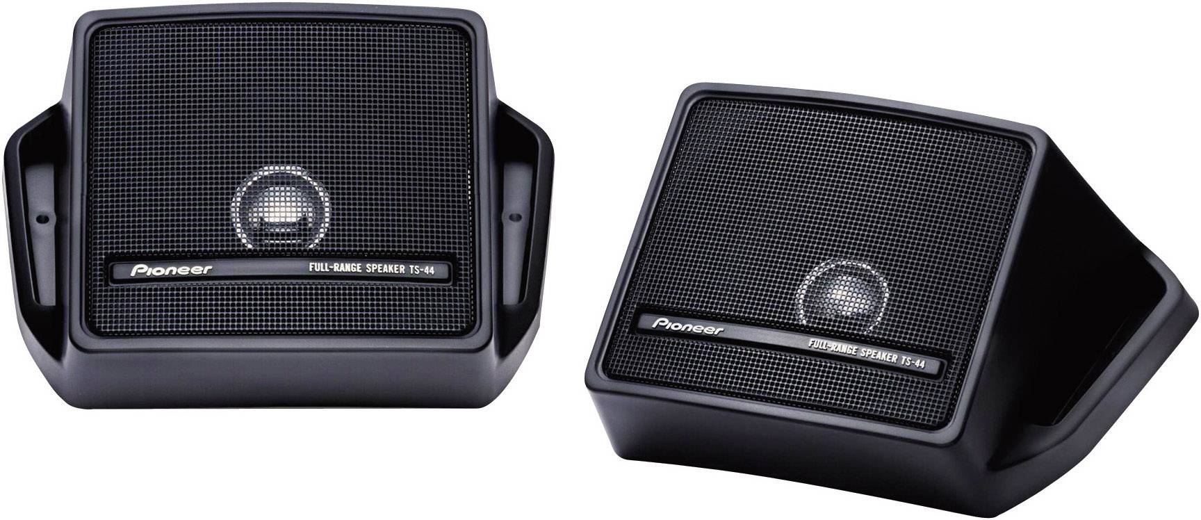 Two black Pioneer speakers with grille covers, arranged side by side, on a white background.