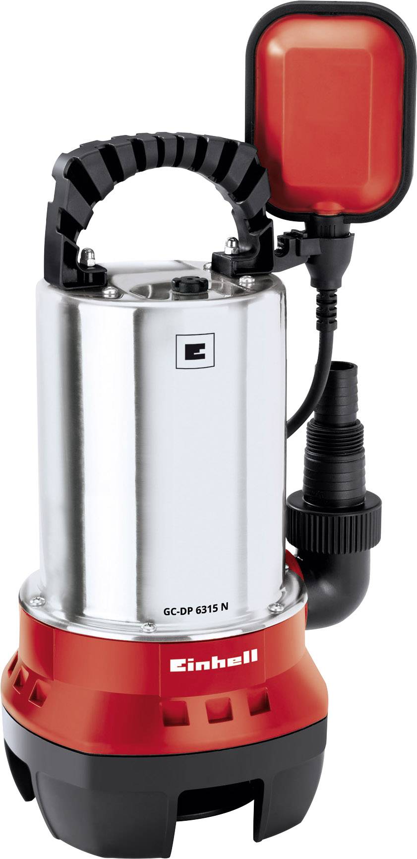 Submersible pump with stainless steel housing, red base and carrying handle. Suitable for dirty water, with integrated float switch.
