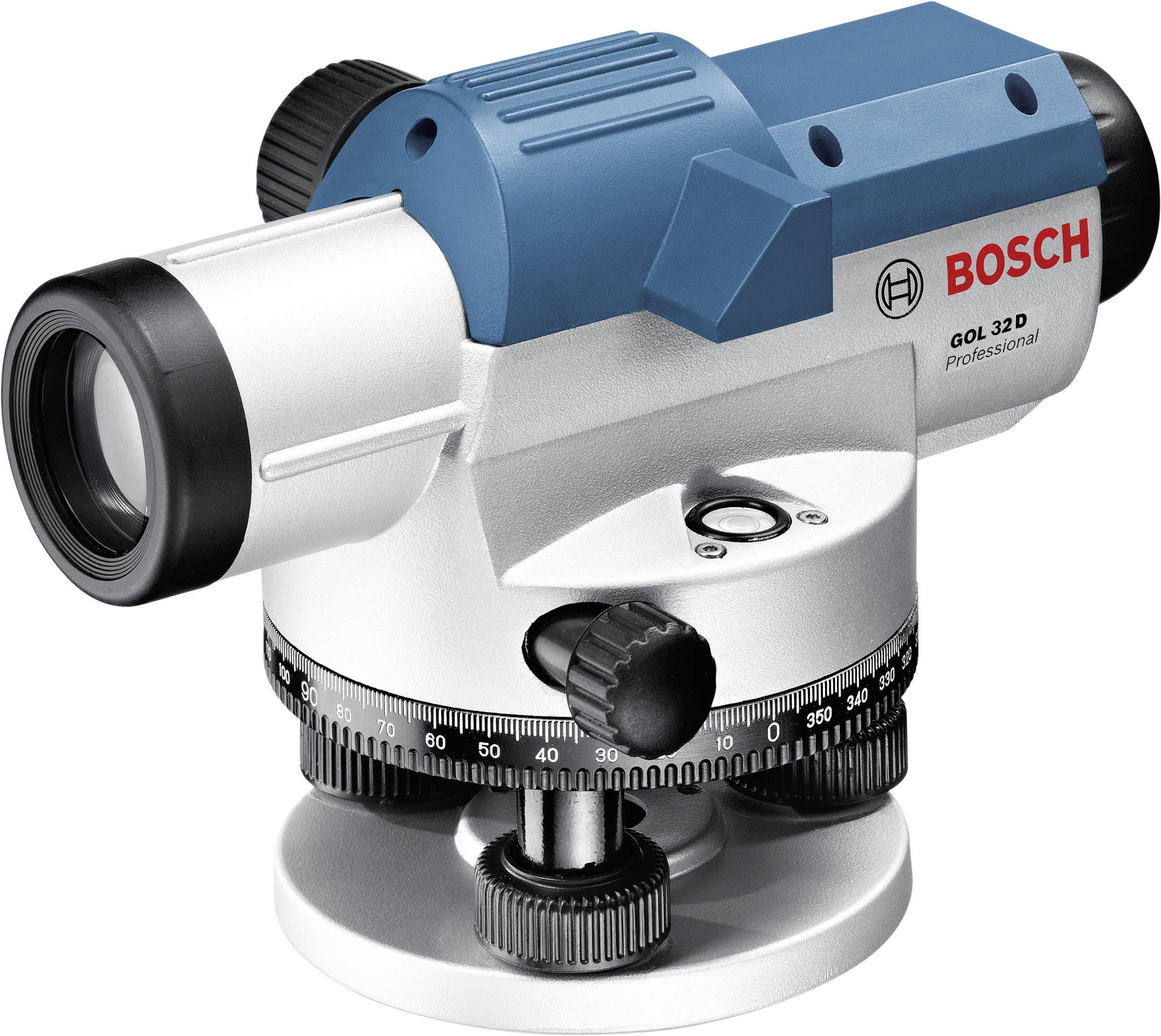 Bosch spirit level with optical zoom and adjustment wheel, used for precise height measurement in land surveying.