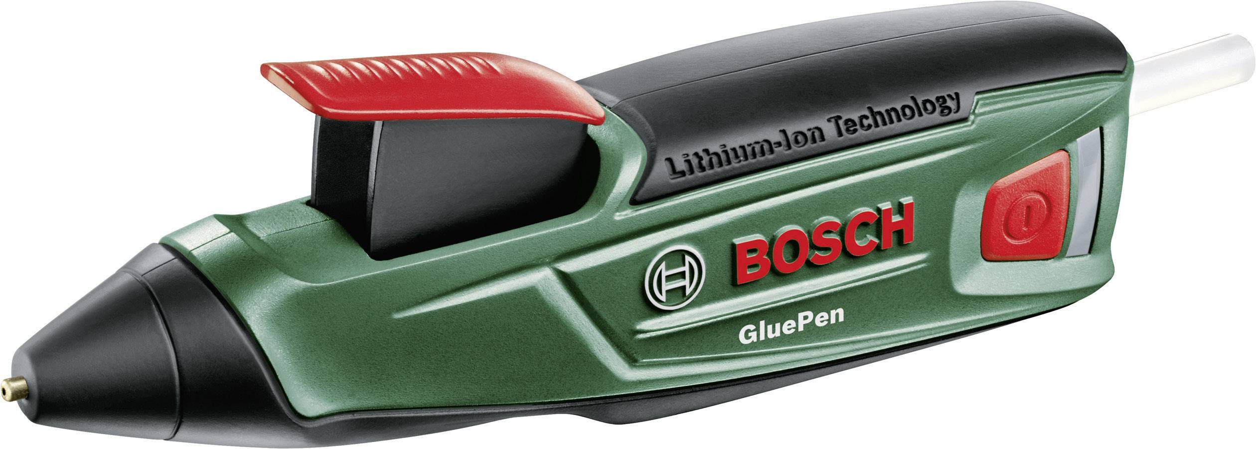 Battery Glue Stick with inscription 'Lithium-Ion Technology' and 'GluePen', brand name in red. Compact green and black design.